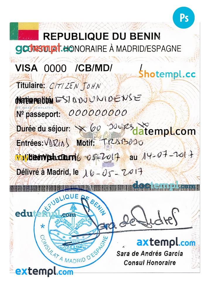 Benin travel visa PSD template, with fonts