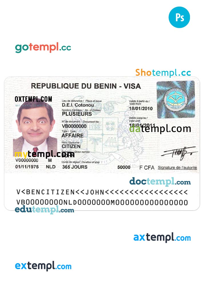 Benin visa PSD template, with fonts