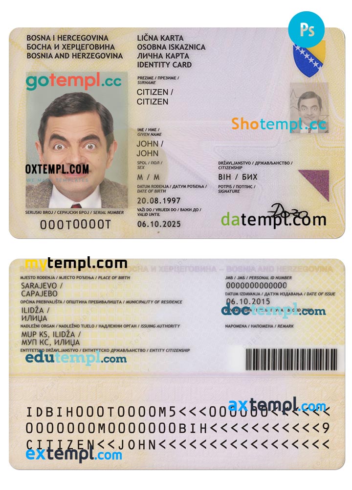 Bosnia and Herzegovina ID (2015-2025) identity card PSD template, 2015-2025
