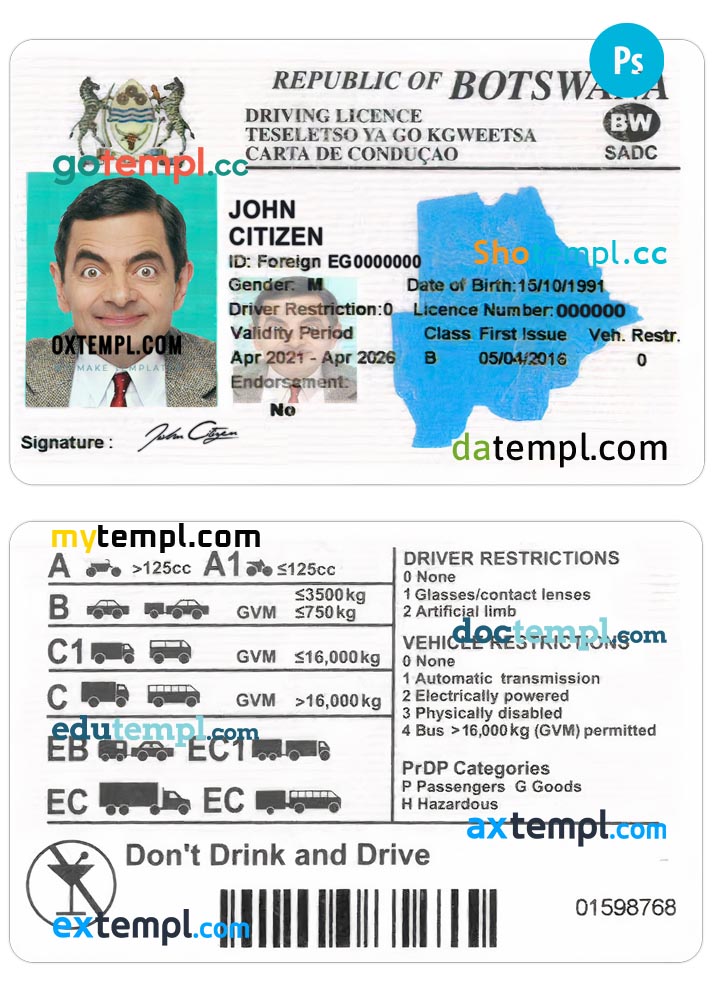 Botswana driving license template in PSD format, with all fonts