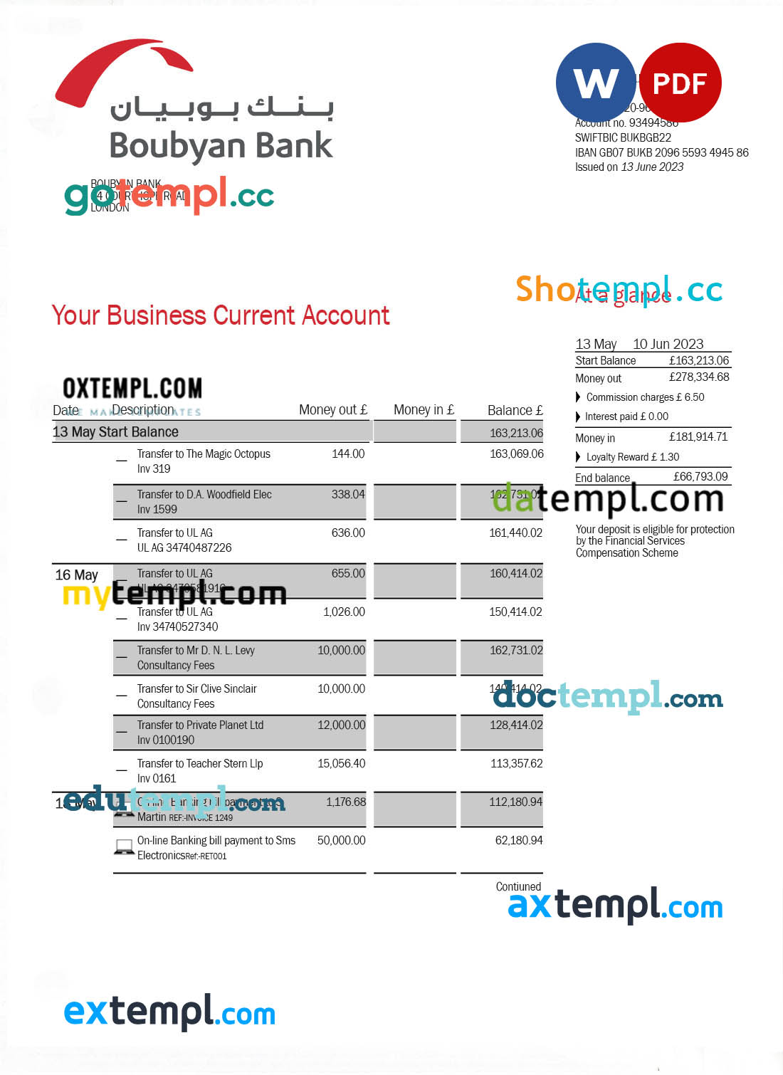 Boubyan Bank enterprise account statement Word and PDF template