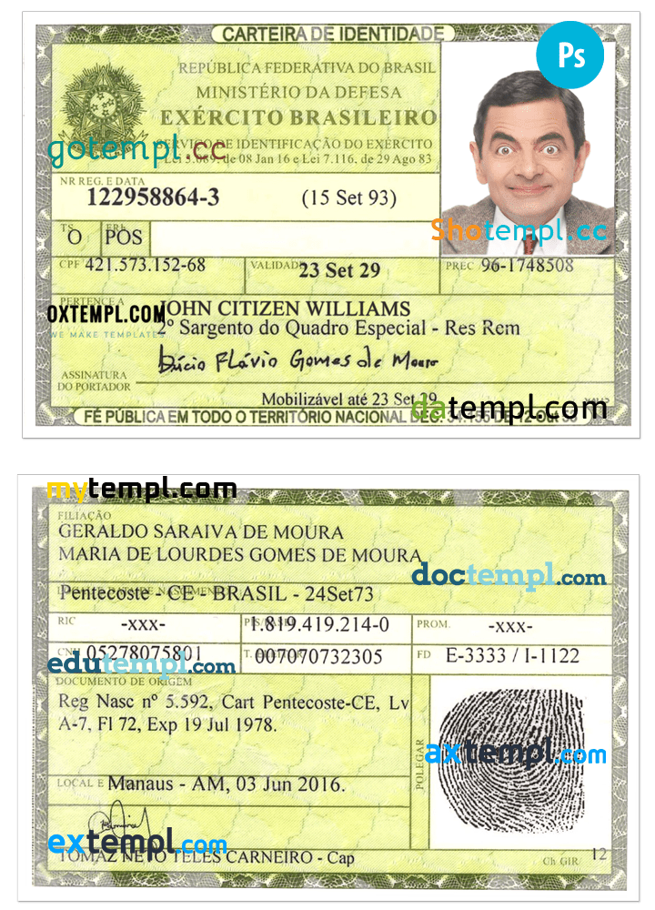 Brazil identity card PSD template, with fonts