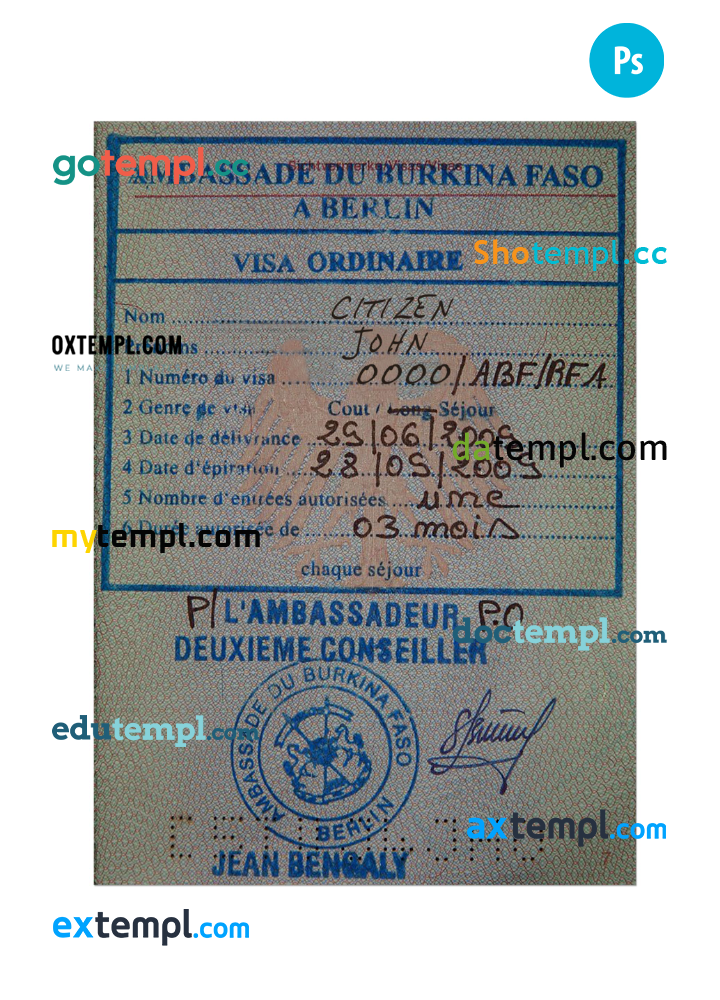 Burkina Faso stamp tourist visa PSD template