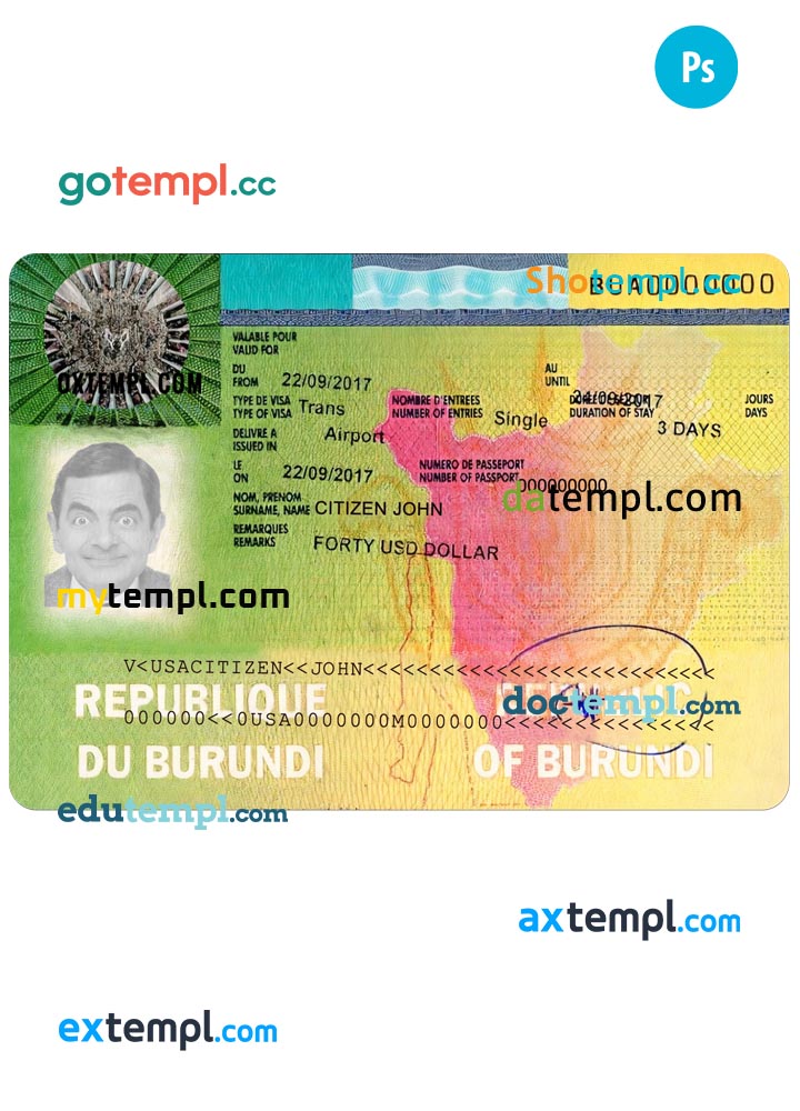 Burundi travel visa PSD template, with fonts