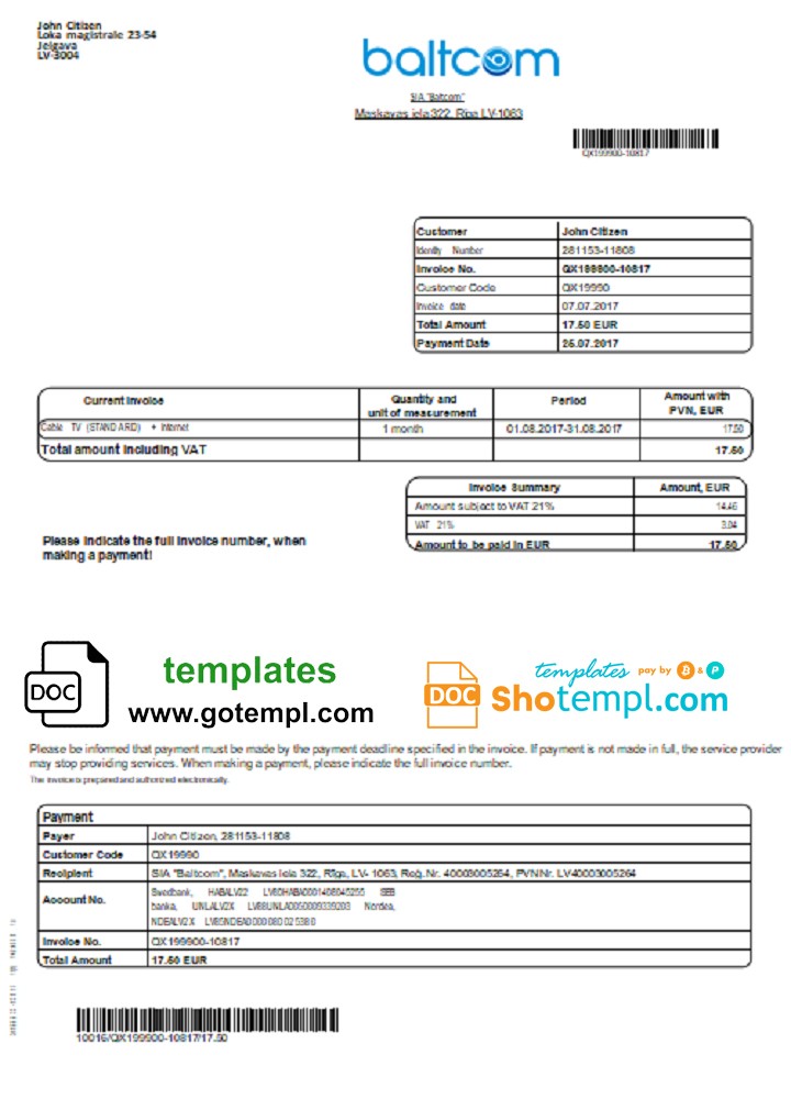Latvia Baltcom telecommunications utility bill template in Word and PDF format (English version)