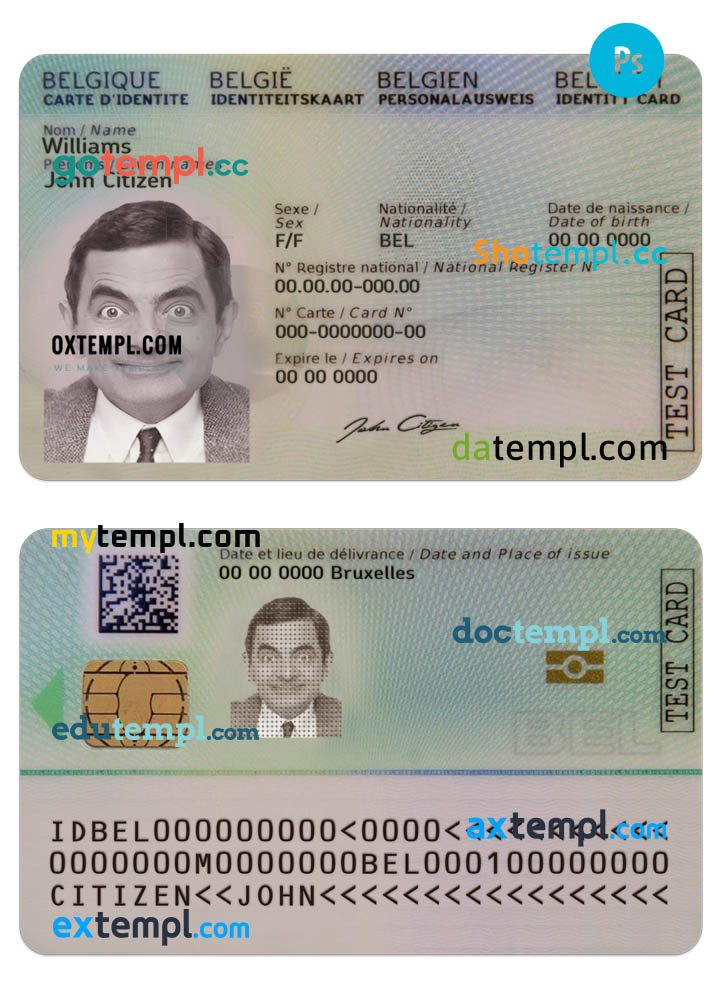 Belgium ID card PSD template, completely editable (2020 - present)