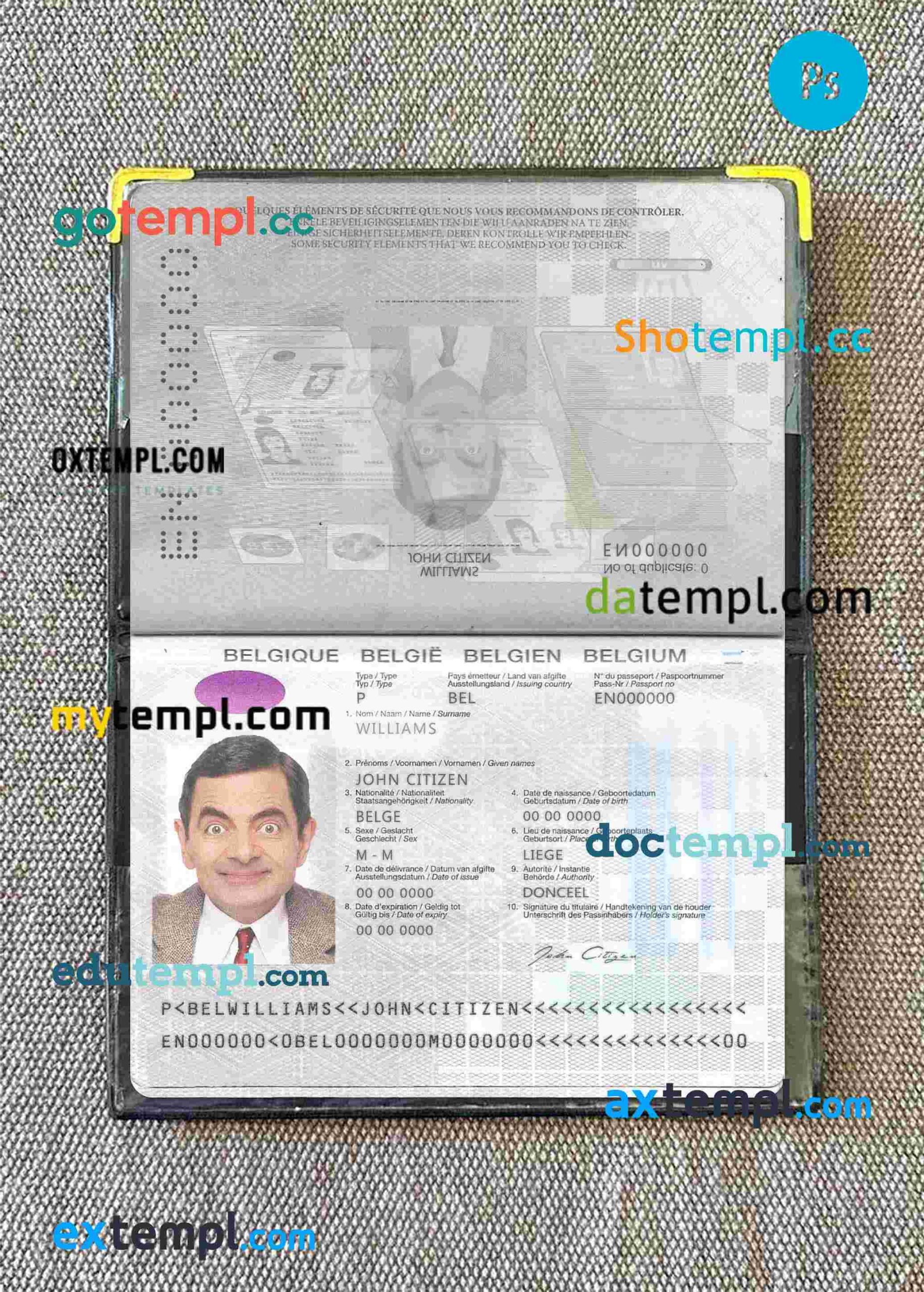 Belgium passport editable PSD files, scan and photo look templates, 2017 - present 2 in 1