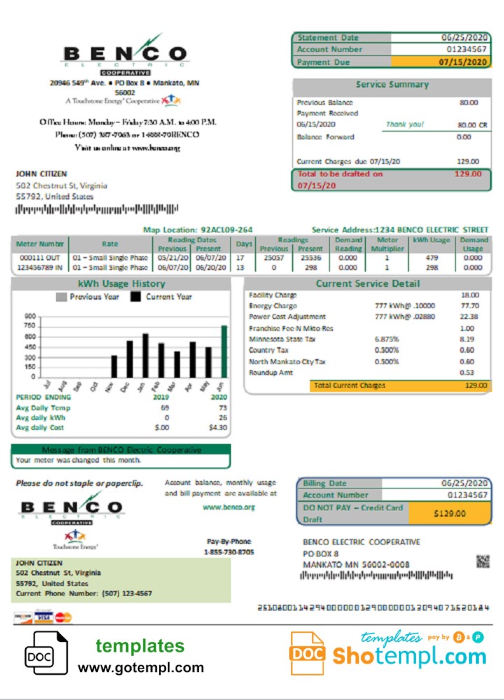 USA Minnesota Benco Elecric electricity easy fillable utility bill template in Word and PDF format (.doc and .pdf)