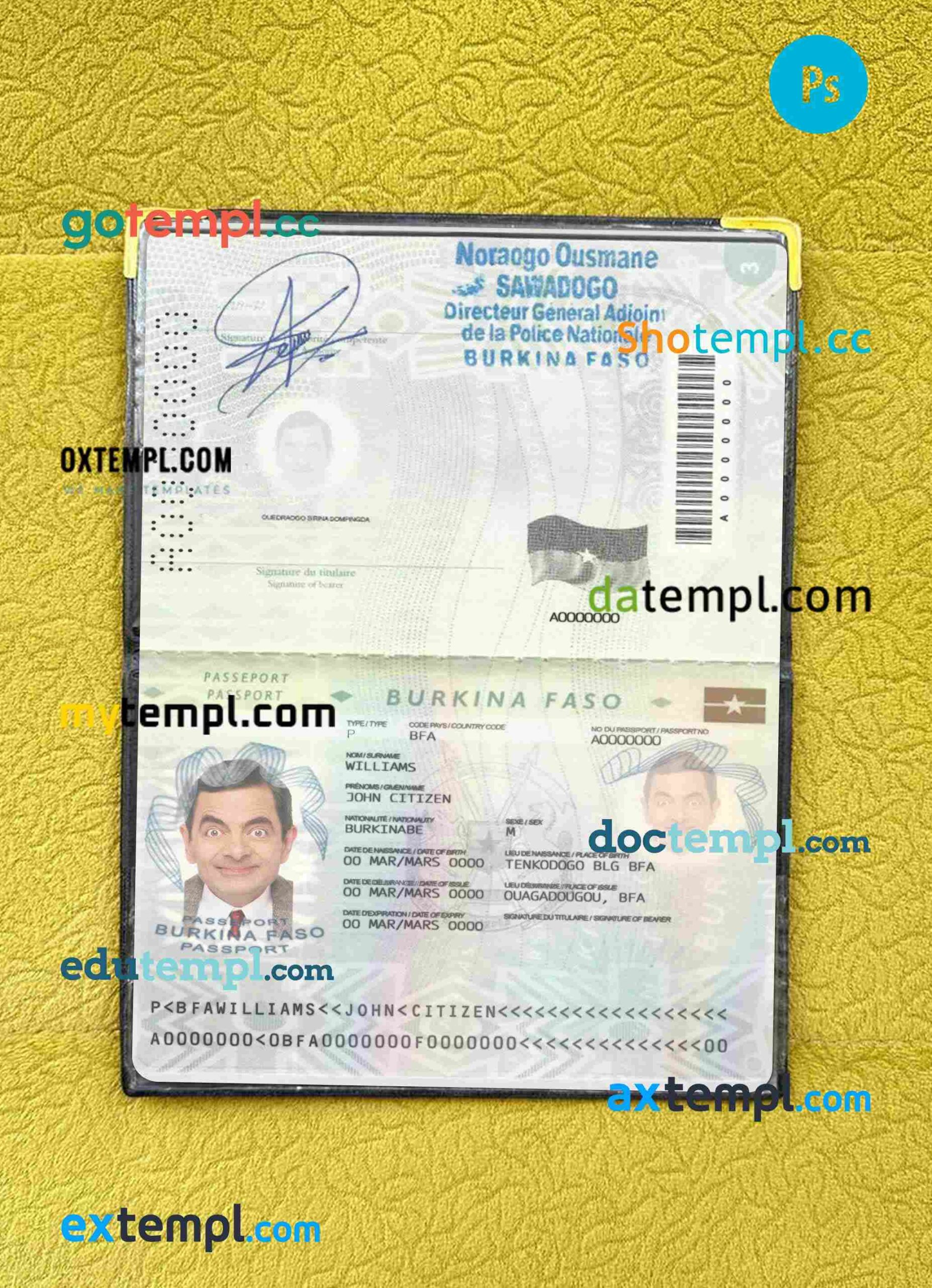 Burkina Faso passport PSD files, scan and photo look templates (2008-2018), 2 in 1