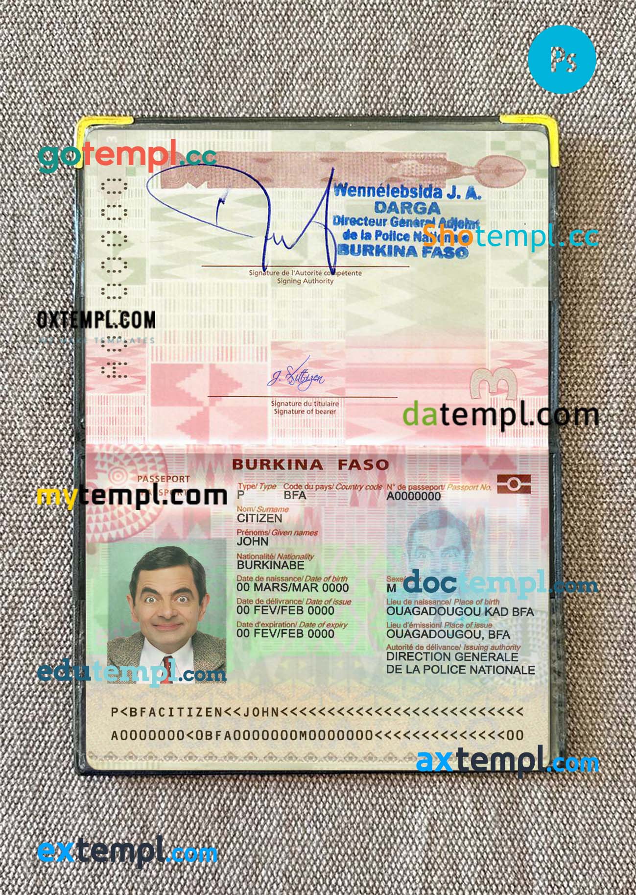 Burkina Faso passport editable PSDs, scan and photo-realistic snapshot (2018-present), 2 in 1