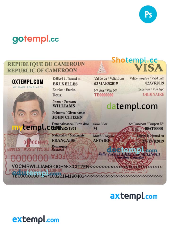 Cameroon visa PSD template, completely editable, with fonts