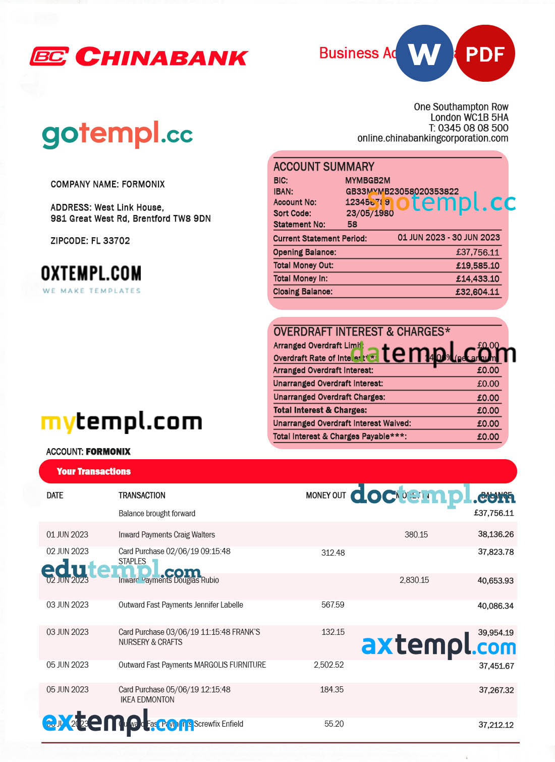 China Banking Corporation company account statement Word and PDF template
