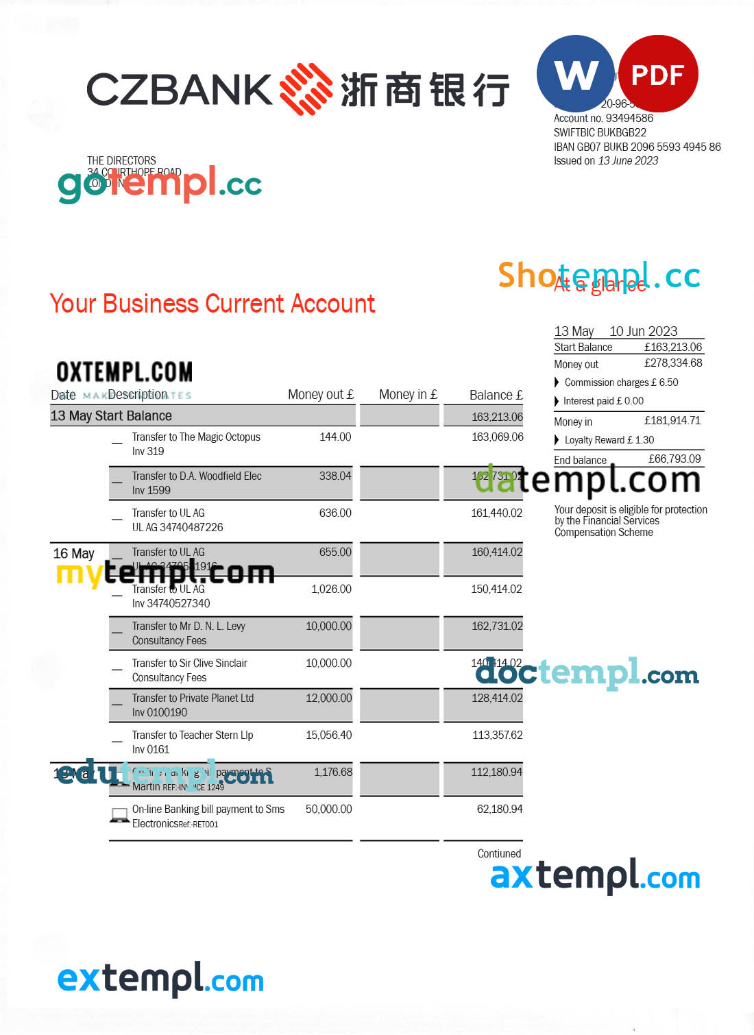 China Zheshang Bank business bank statement Word and PDF template