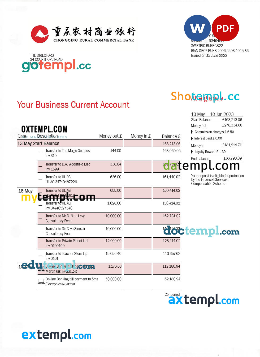 Chongqing Rural Commercial Bank firm account statement Word and PDF template