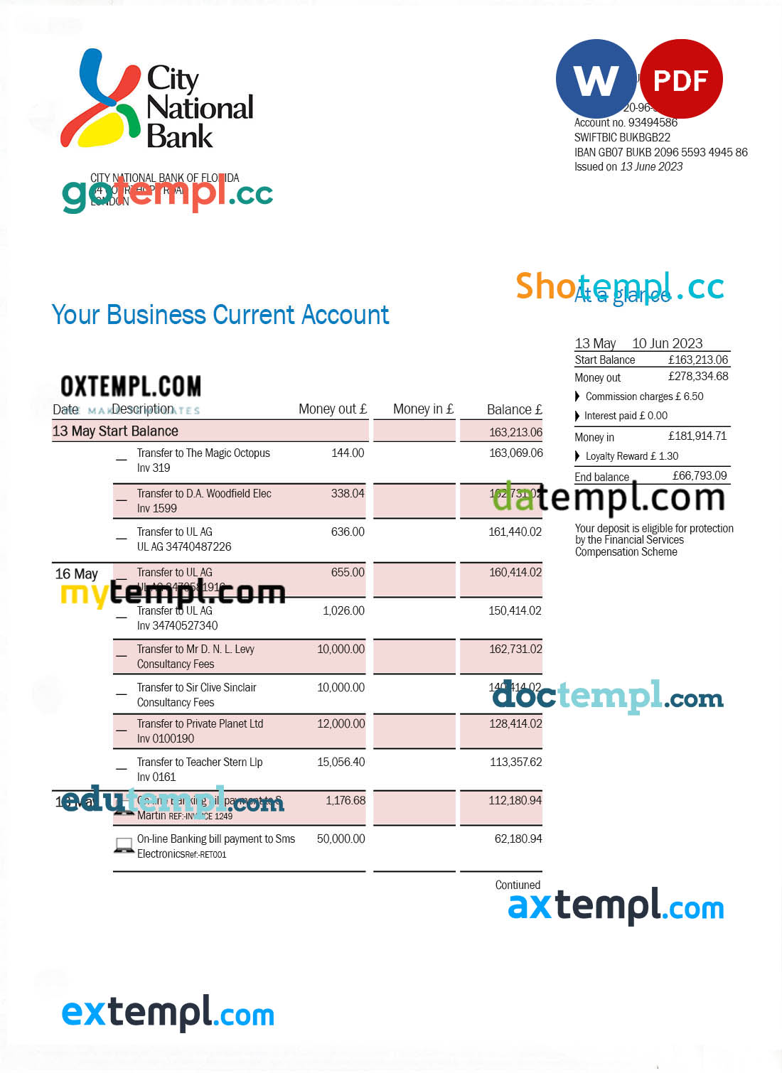 City National Bank of Florida firm account statement Word and PDF template