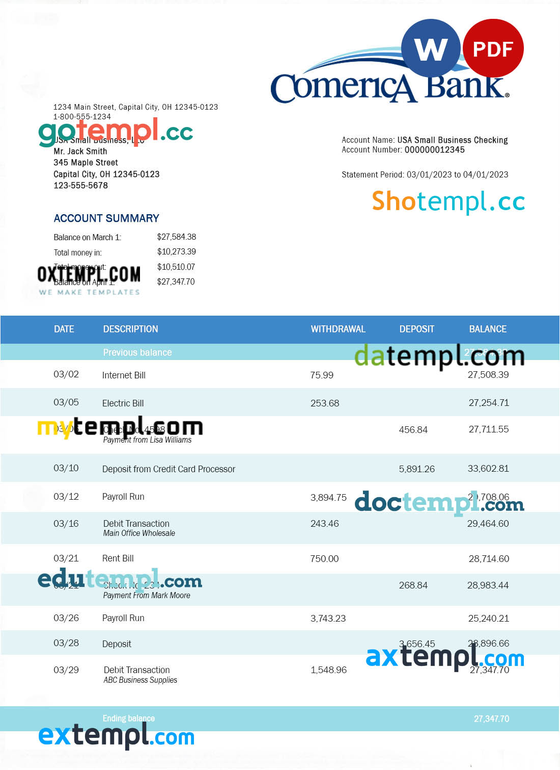 Comercia Bank business statement Word and PDF template
