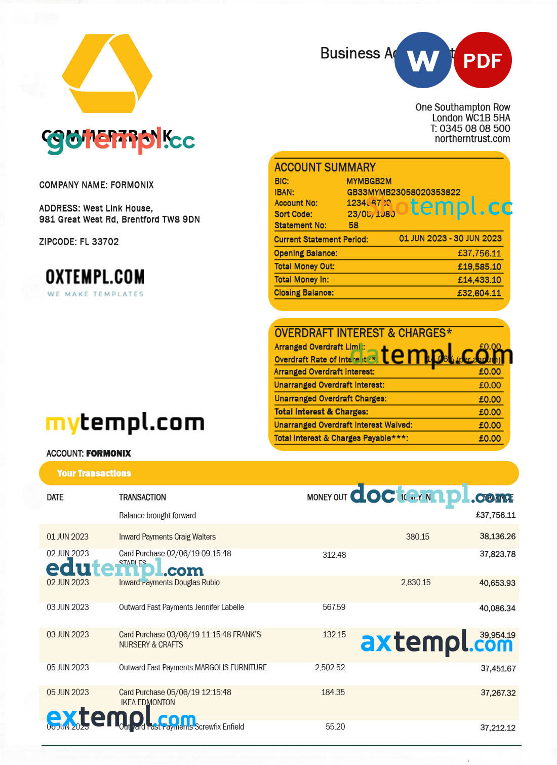 Commerzbank company checking account statement Word and PDF template