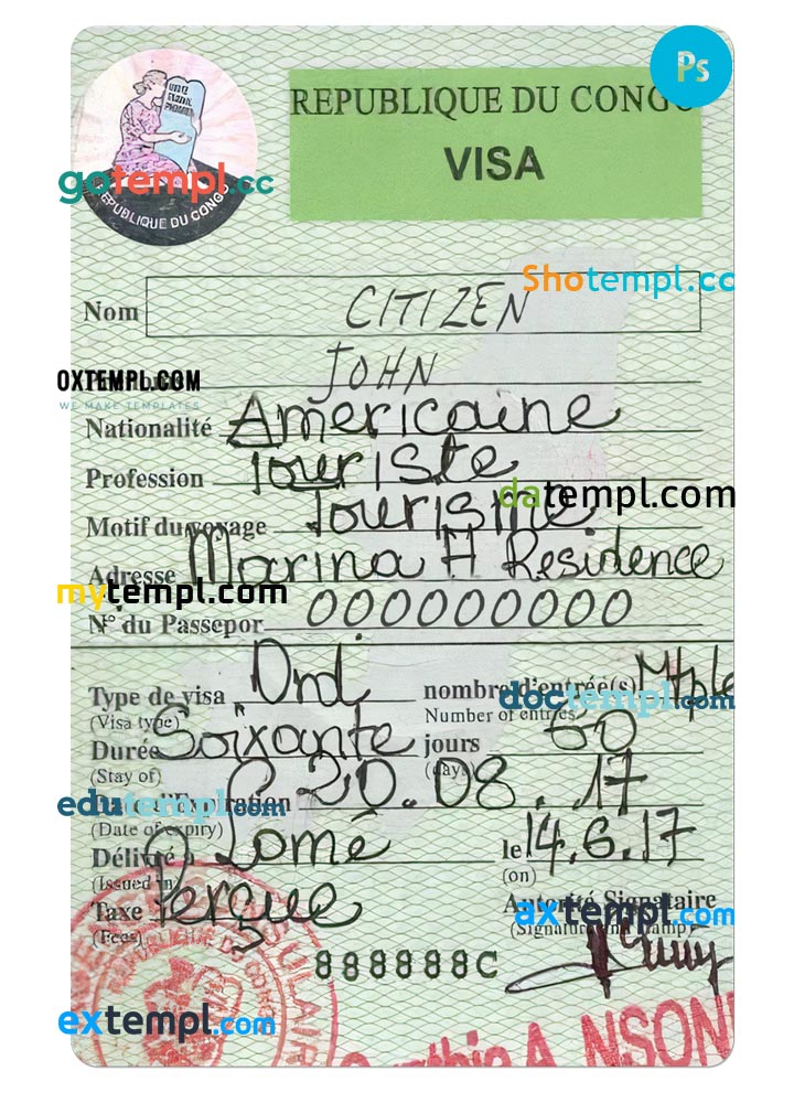 Congo travel visa PSD template, with fonts