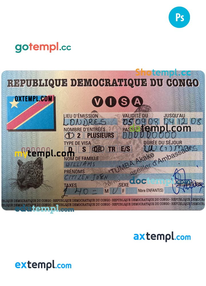 Congo entry visa PSD template, completely editable, with fonts