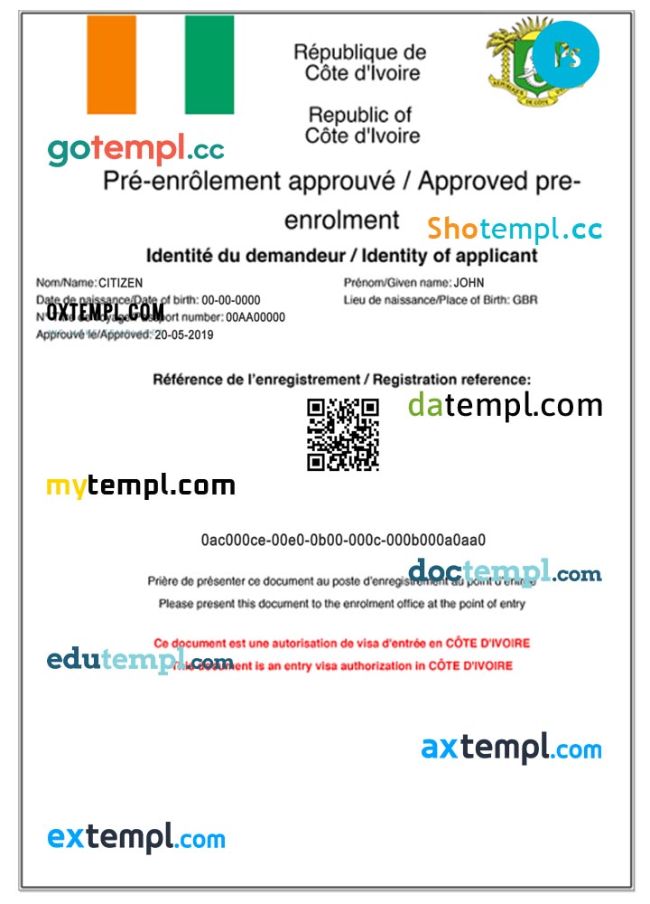Cote D'Ivoire e-visa PSD template, with fonts