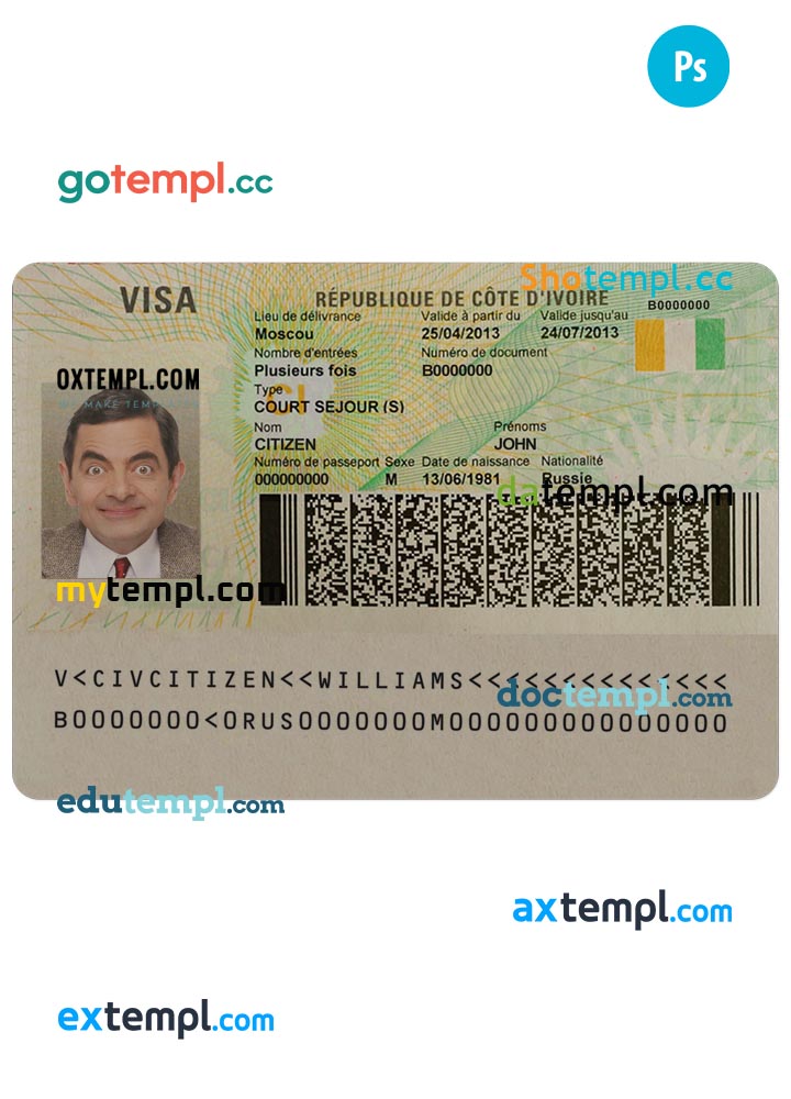 Cote D’Ivoire visa PSD template, fully editable
