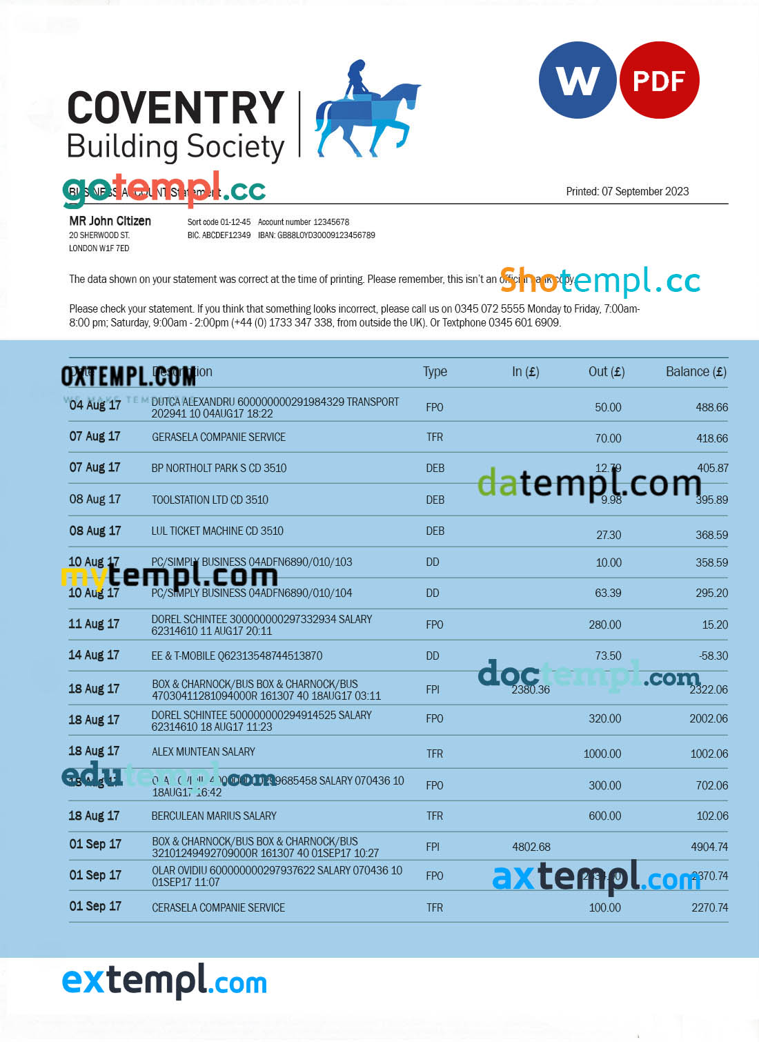 USA Discover bank statement template in Excel and PDF (.xls and .pdf file) format