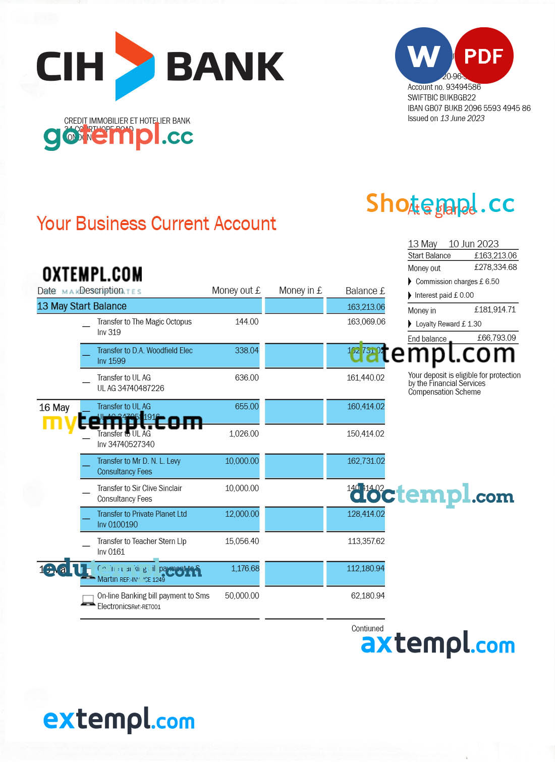Sella Bank business checking account statement Word and PDF template
