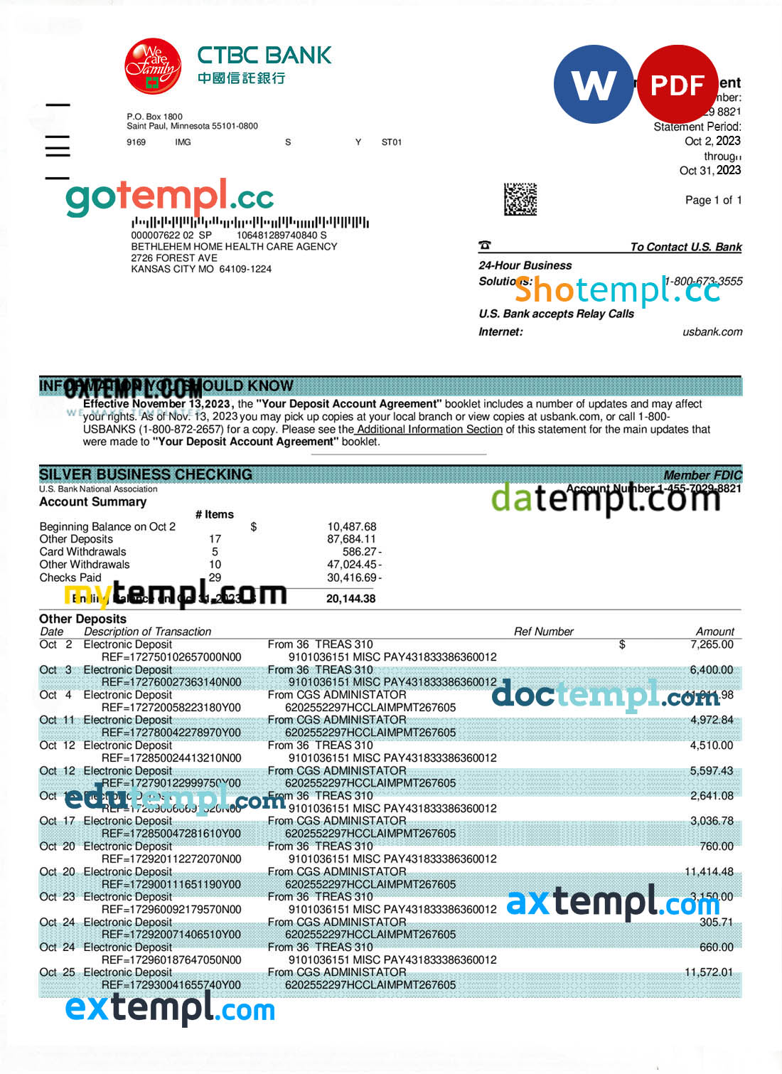 CTBC Bank company statement Word and PDF template