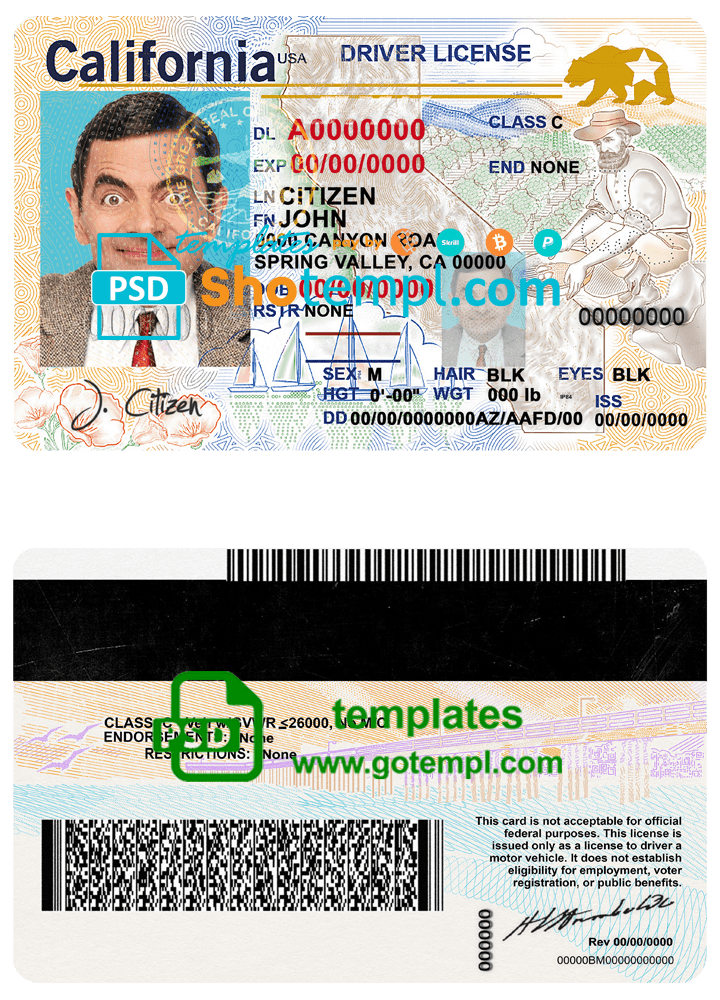 USA California driving license template in PSD format (2018, January - present)
