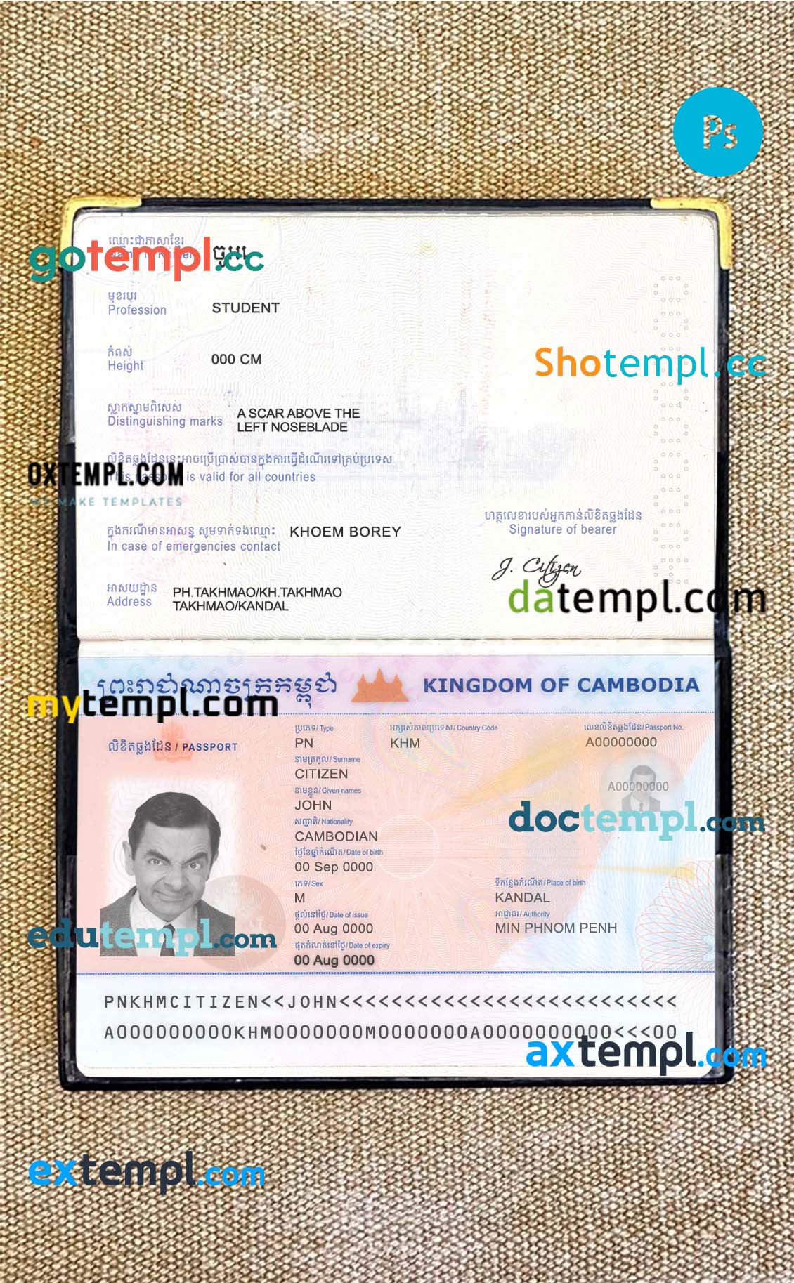 Cambodia passport PSD files, editable scan and photo-realistic look sample, 2 in 1
