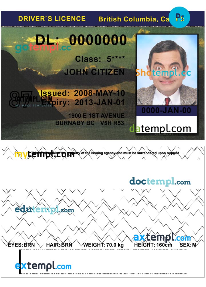 Canada British Columbia driving license template in PSD format, version 2