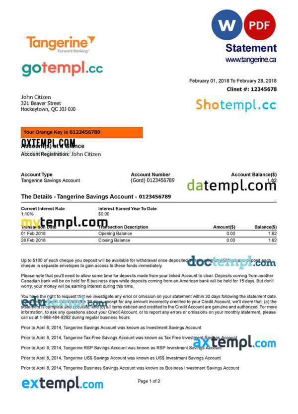 CANADA TANGERINE bank statement Word and PDF template