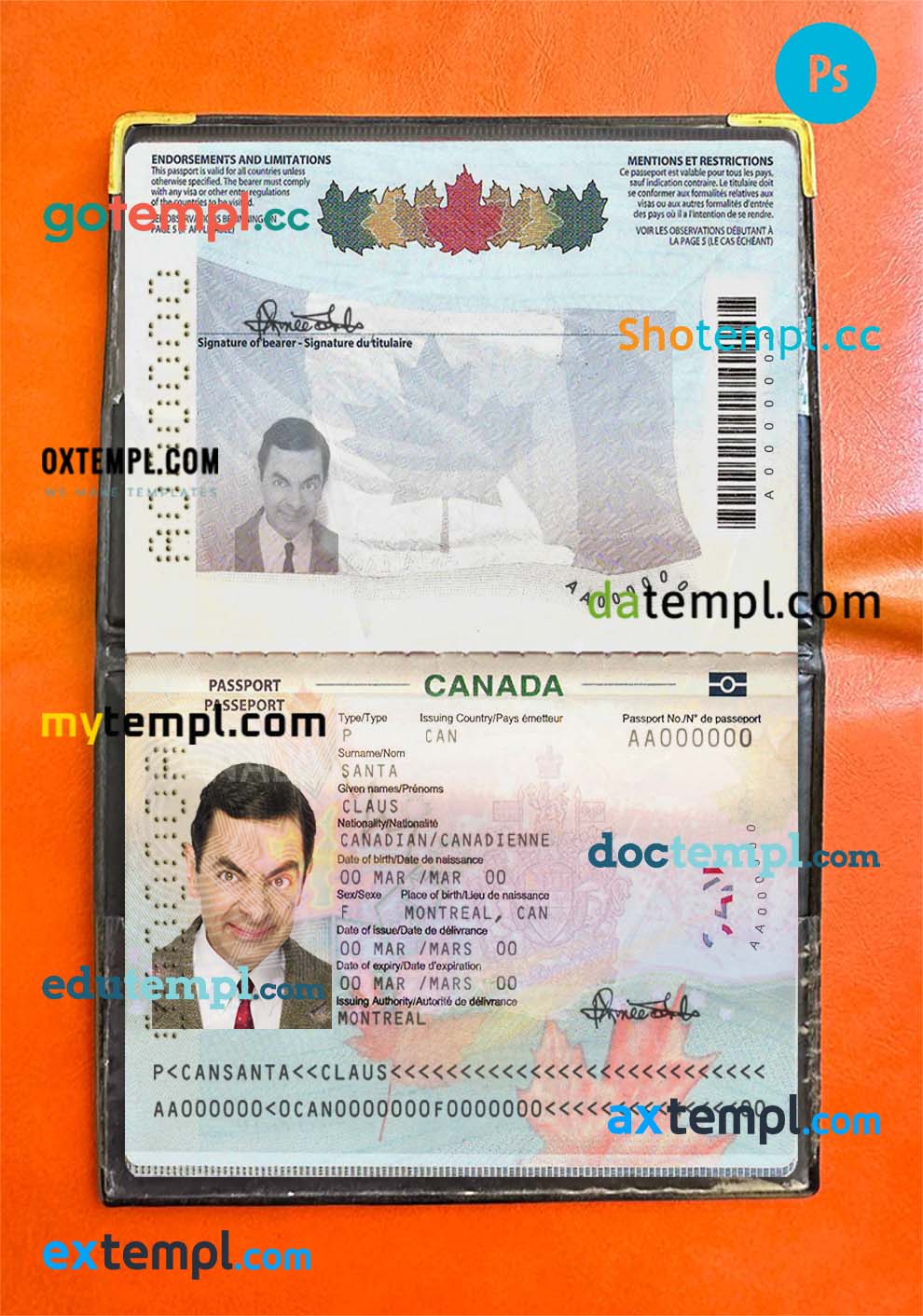 Canada passport editable PSD files, scan and photo taken image (2010-present), 2 in 1