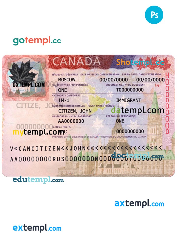 Canada visa template in PSD format, 2020 - present