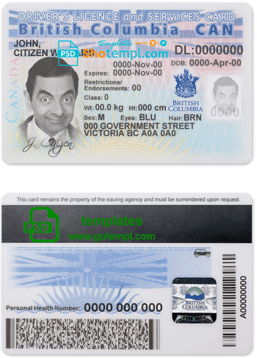 Canada province British Columbia driving license template in PSD format