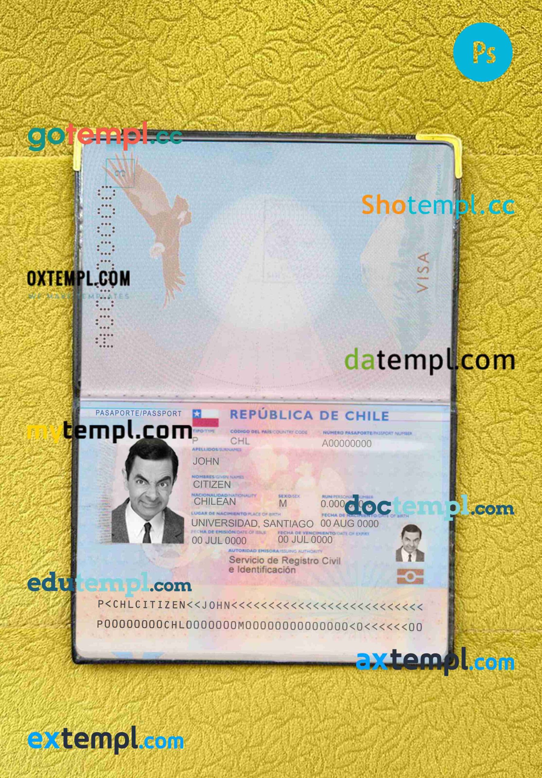 Chile passport PSD files, scan and photo look templates, 2 in 1