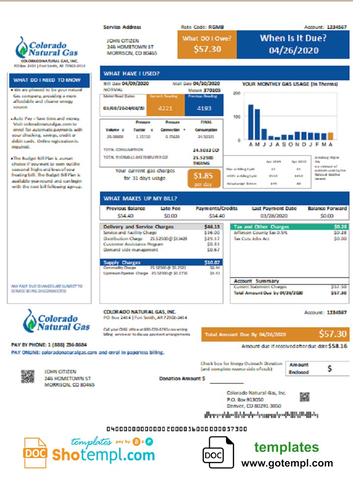 USA Colorado Natural Gas utility bill template in Word and PDF format