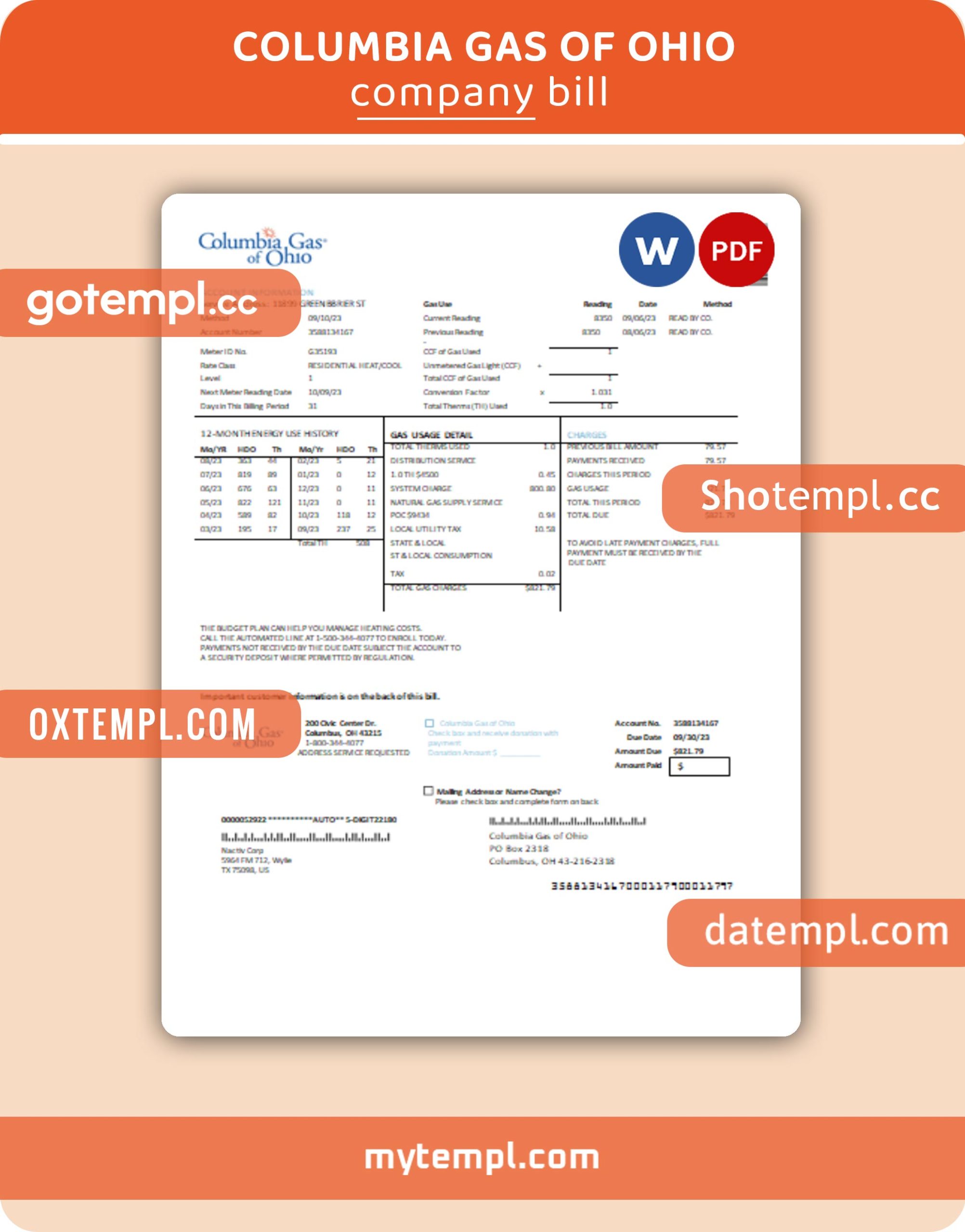 Columbia Gas of Ohio business utility bill, PDF and Word template