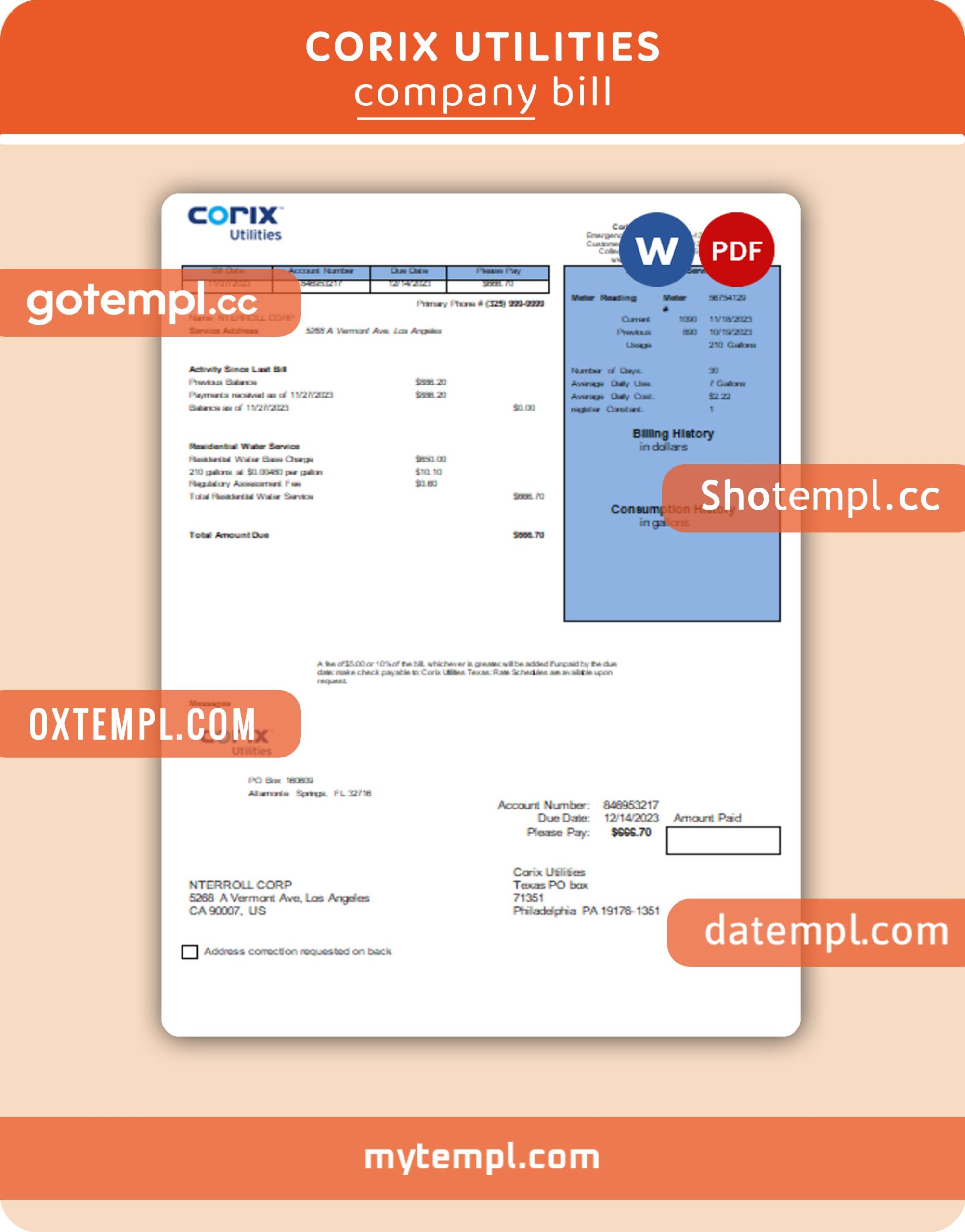 Corix Utilities business bill business utility bill, Word and PDF template, 2 pages