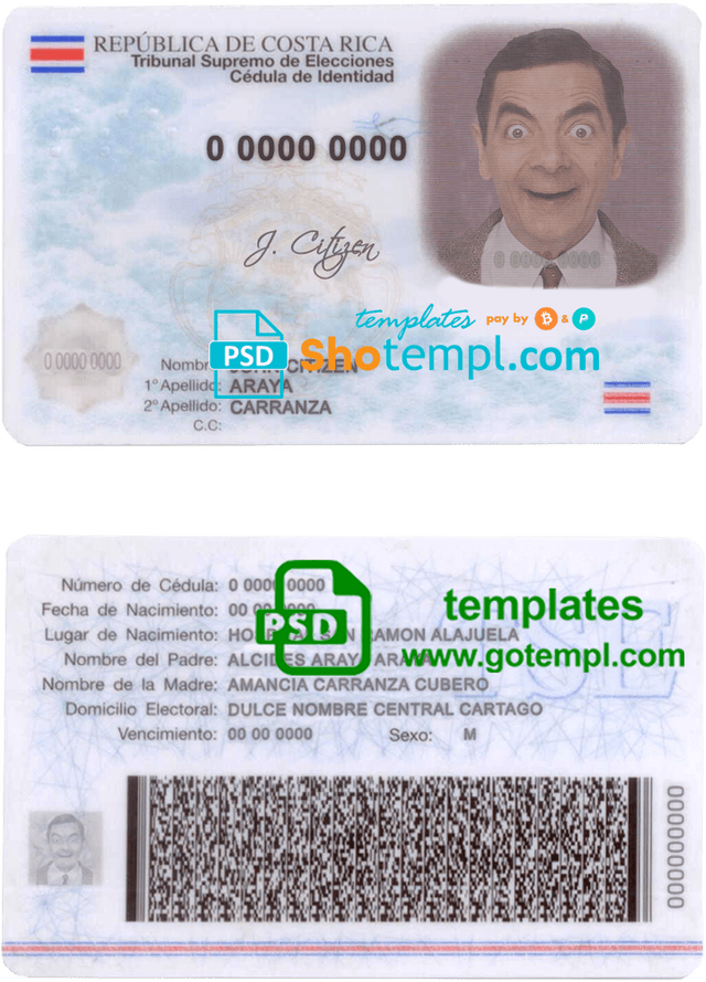 Costa Rica ID template in PSD format, fully editable