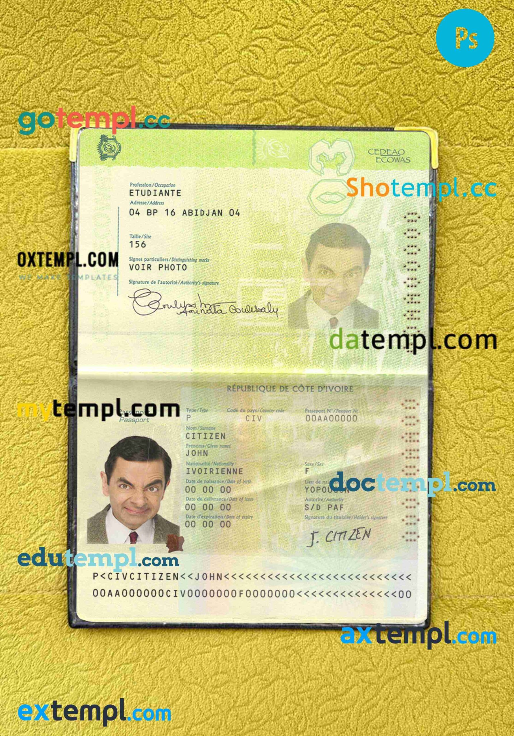 Cote D'lvoire passport PSD files, scan and photo look templates, 2 in 1