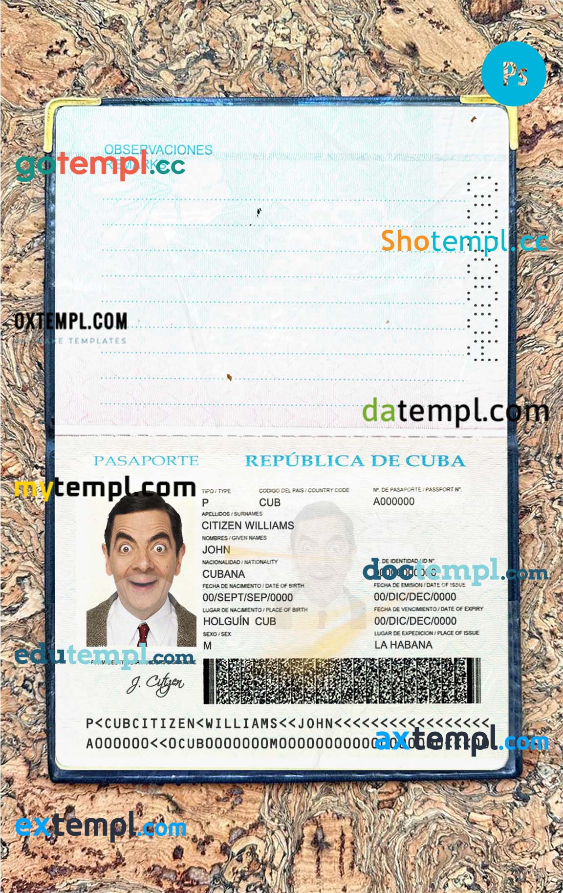 Cuba passport editable PSD files, scan and photo-realistic look, 2 in 1