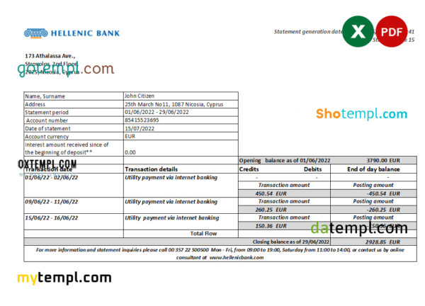 Cyprus Hellenic bank statement Excel and PDF template