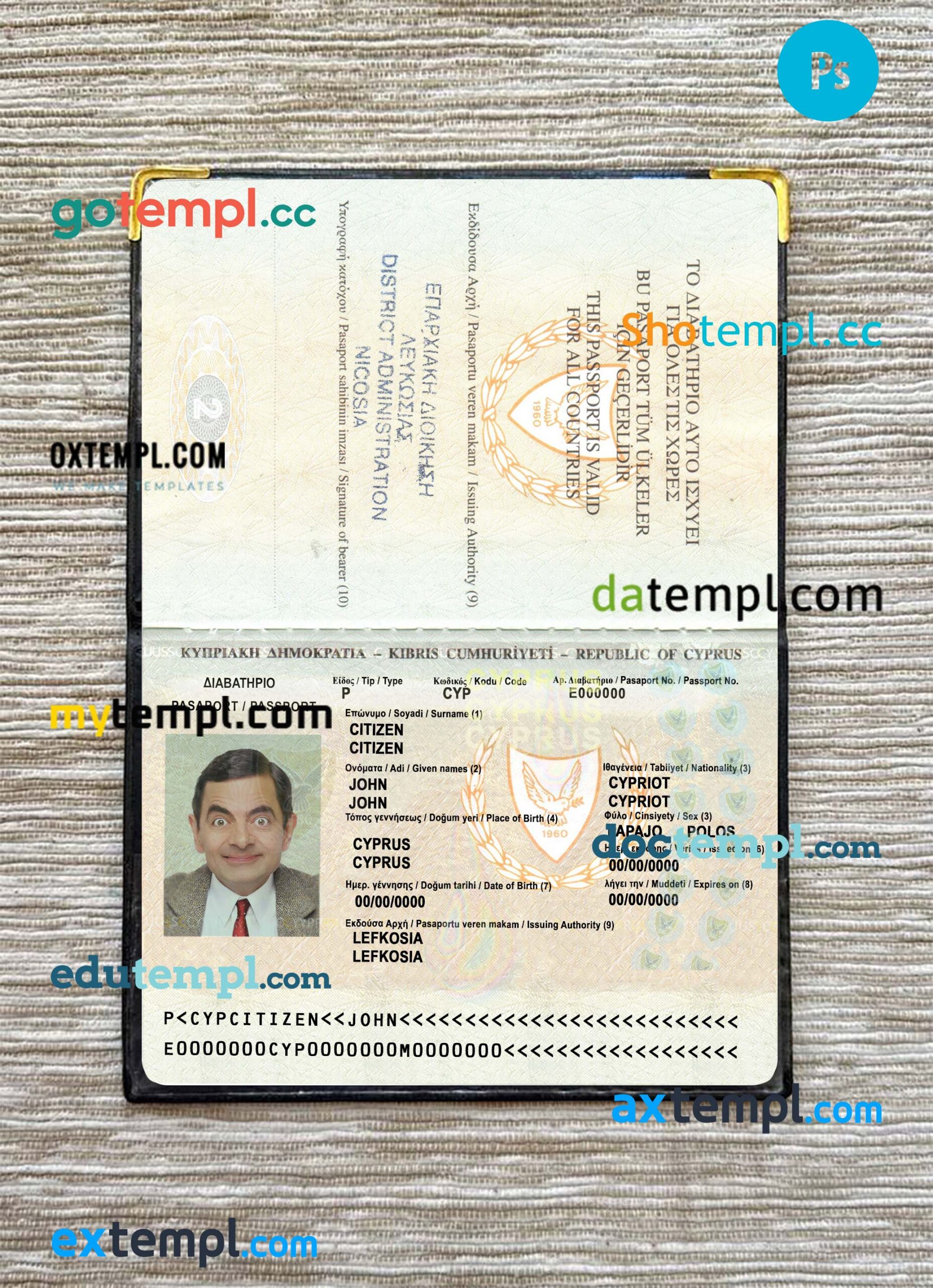 Cyprus passport editable PSD files, scan and photo look templates, 2 in 1