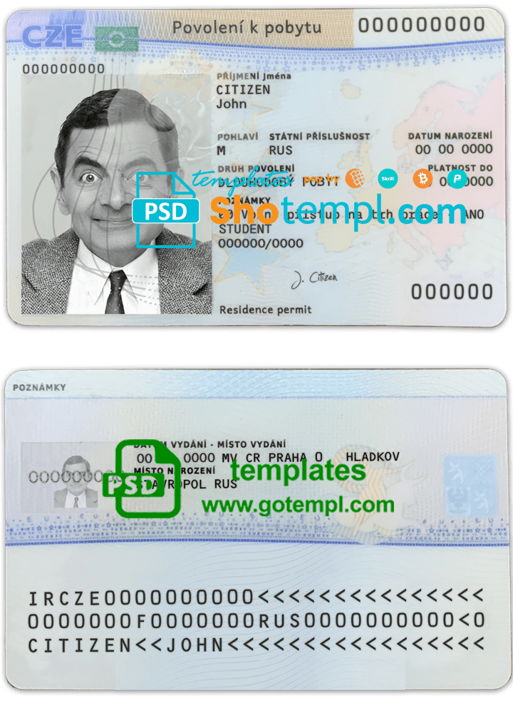 Czech permanent resident card template in PSD format, fully editable, + editable PSD photo look