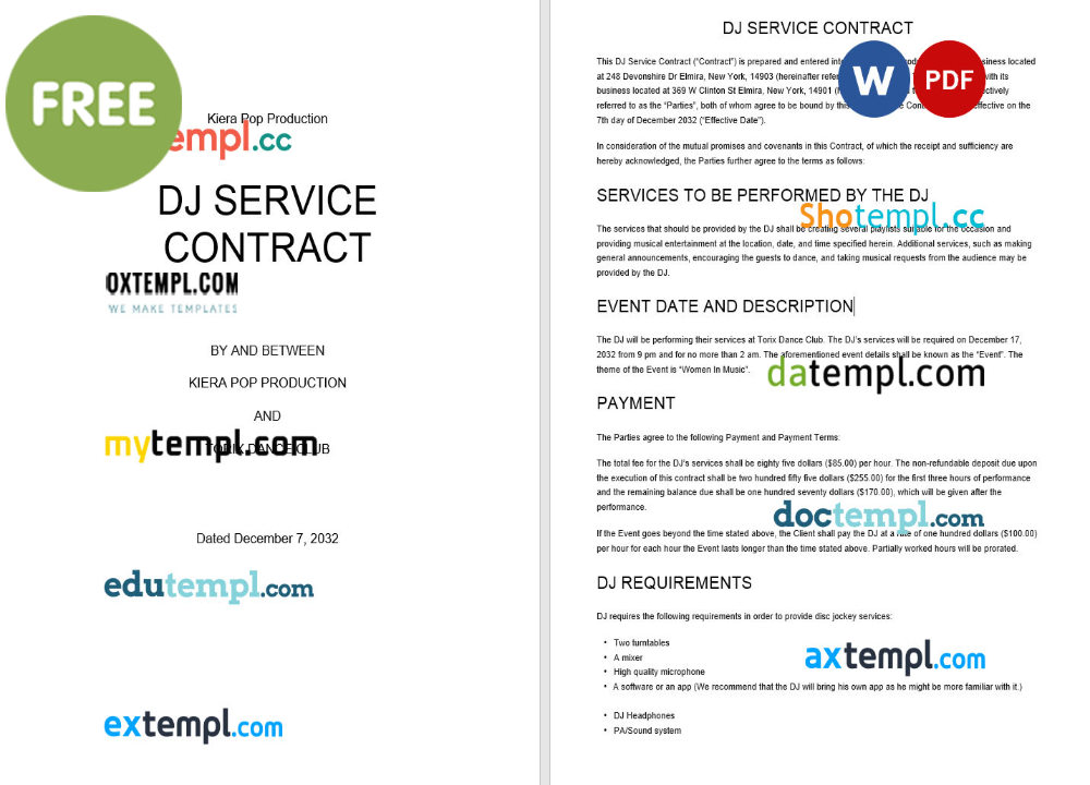 DJ service contract template, Word and PDF format