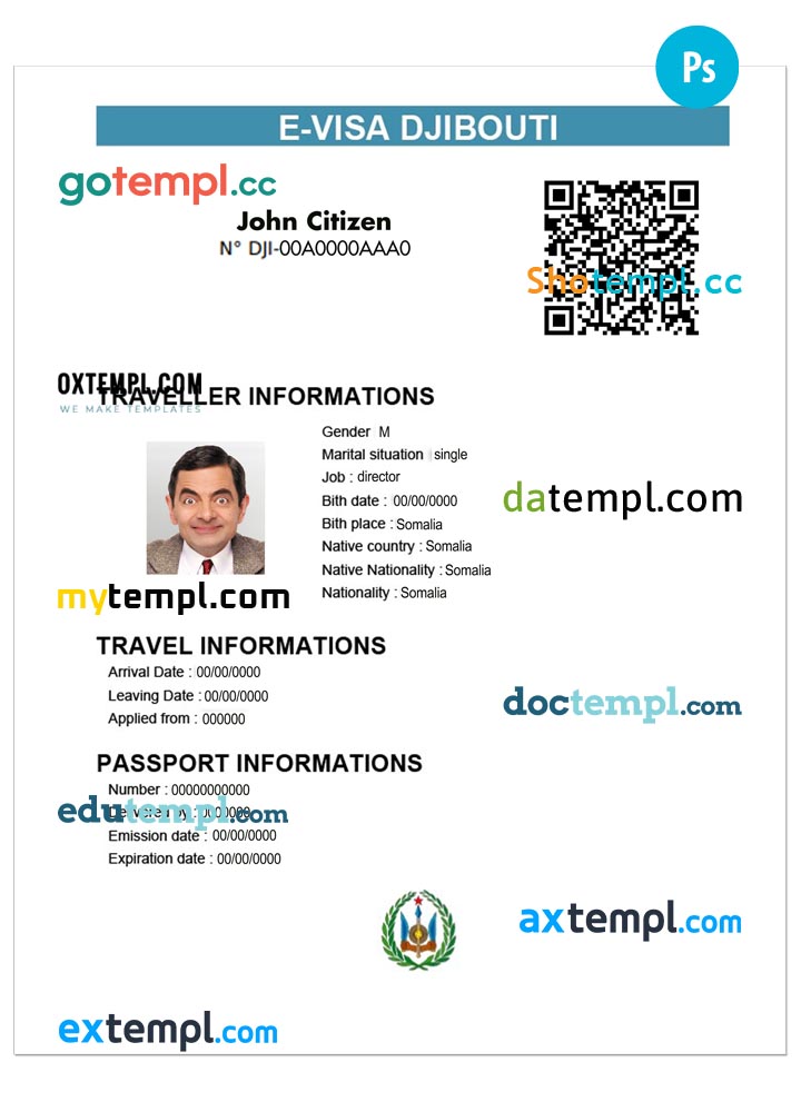 Djibouti e-visa PSD template, fully editable