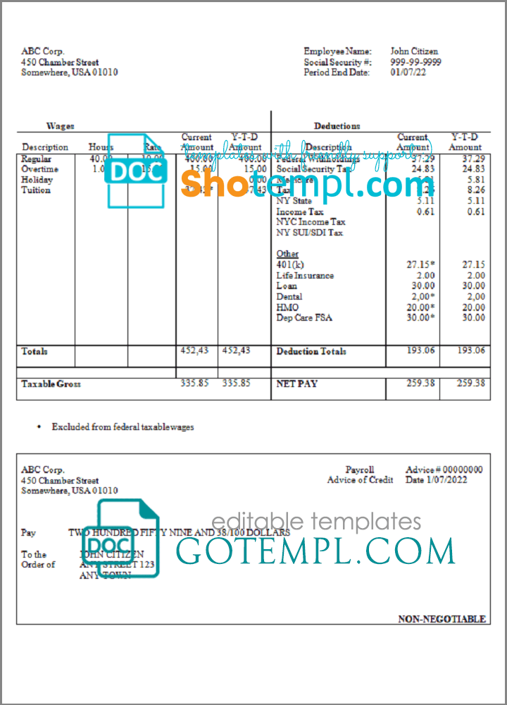 # neat desk pay stub template in Word and PDF format
