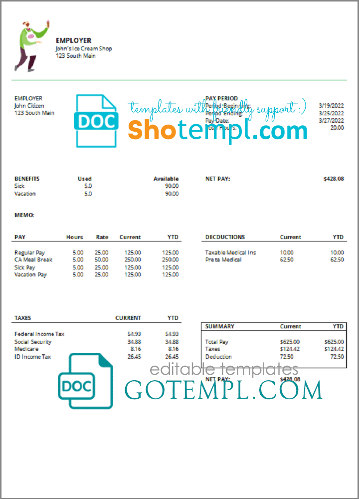 # green culture pay stub template in Word and PDF format