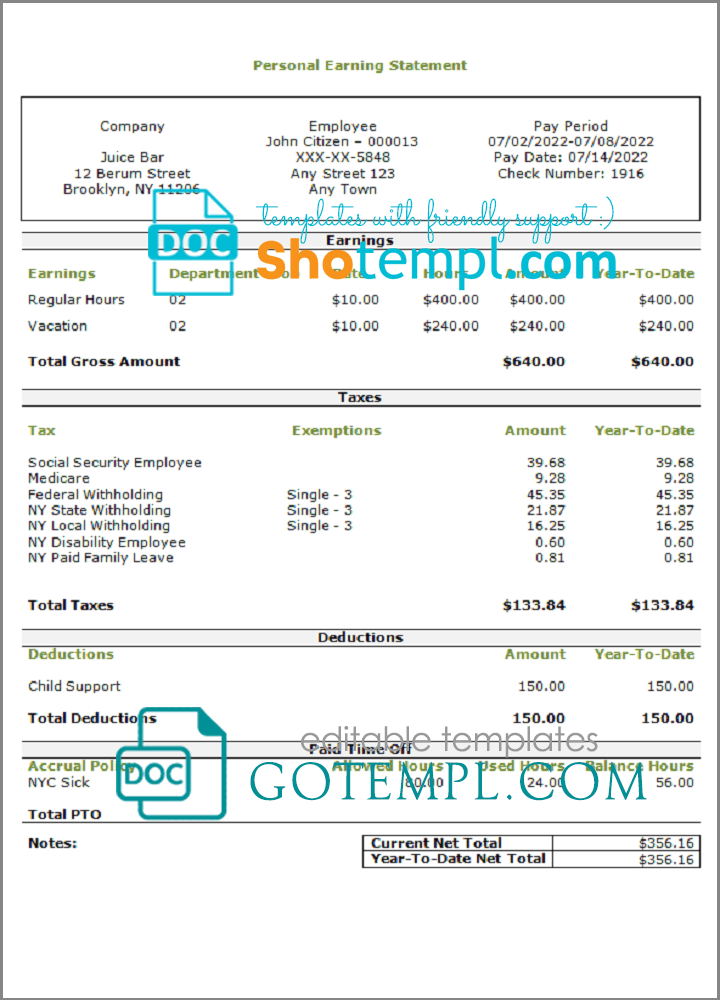 # smooth slick pay stub template in Word and PDF format
